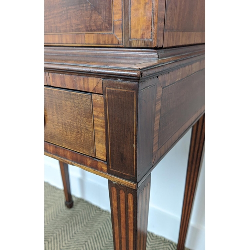 188 - CABINET ON STAND, circa 1790, George III mahogany and satinwood with crossbanded detail, the upper s... 