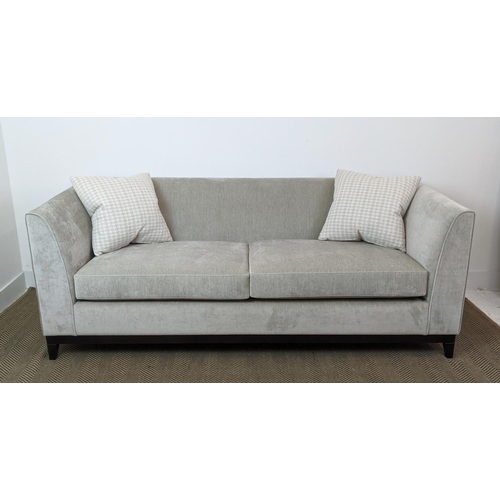 308 - SOFA, light grey fabric upholstered, ebonised supports, 200cm x 85cm x 75cm.