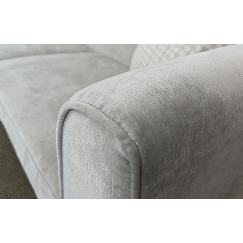 308 - SOFA, light grey fabric upholstered, ebonised supports, 200cm x 85cm x 75cm.