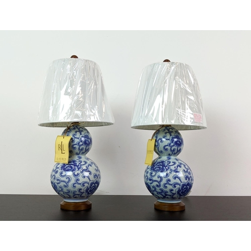 315 - LAUREN RALPH LAUREN HOME TABLE LAMPS, a pair, blue and white ceramic double gourd design, with shade... 