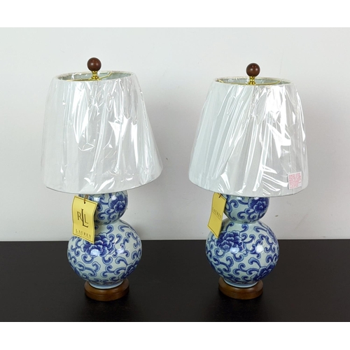 315 - LAUREN RALPH LAUREN HOME TABLE LAMPS, a pair, blue and white ceramic double gourd design, with shade... 