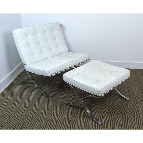 353 - AFTER LUDWIG MIES VAN DER ROHE BARCELONA STYLE CHAIR AND STOOL, chair 75cm W. (2)