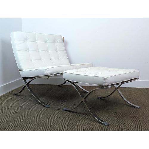 353 - AFTER LUDWIG MIES VAN DER ROHE BARCELONA STYLE CHAIR AND STOOL, chair 75cm W. (2)