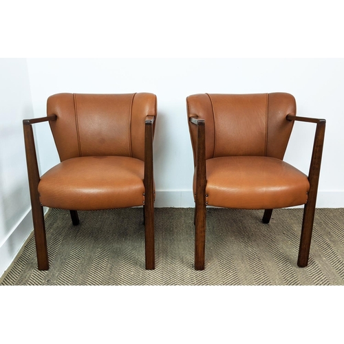 371 - OPEN ARMCHAIRS, a pair, with brown leather upholstery, each 57cm W x 75cm H. (2)