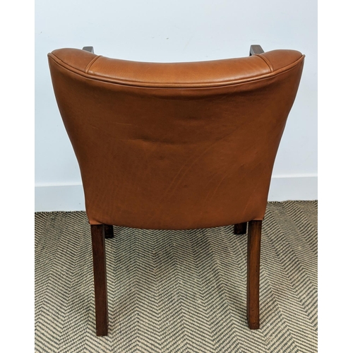 371 - OPEN ARMCHAIRS, a pair, with brown leather upholstery, each 57cm W x 75cm H. (2)