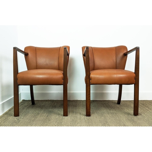 371 - OPEN ARMCHAIRS, a pair, with brown leather upholstery, each 57cm W x 75cm H. (2)