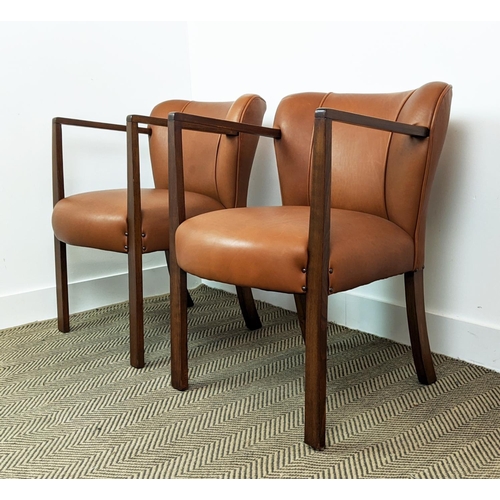 371 - OPEN ARMCHAIRS, a pair, with brown leather upholstery, each 57cm W x 75cm H. (2)