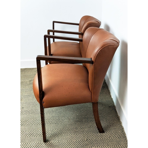 371 - OPEN ARMCHAIRS, a pair, with brown leather upholstery, each 57cm W x 75cm H. (2)