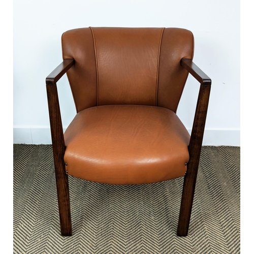 371 - OPEN ARMCHAIRS, a pair, with brown leather upholstery, each 57cm W x 75cm H. (2)