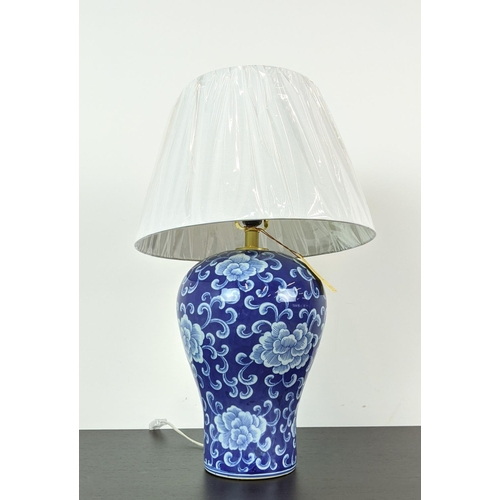 375 - LAUREN RALPH LAUREN HOME TABLE LAMP, blue and white ceramic, with shade, 68cm H approx.