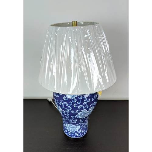 375 - LAUREN RALPH LAUREN HOME TABLE LAMP, blue and white ceramic, with shade, 68cm H approx.