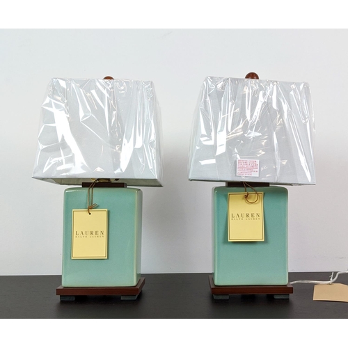 376 - LAUREN RALPH LAUREN HOME TABLE LAMPS, a pair, blue ceramic, with shades, 43cm H. (2)