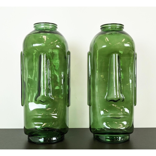 377 - RAPA NUI STYLE VASES, a pair, green tinted glass, 69cm H approx. (2)