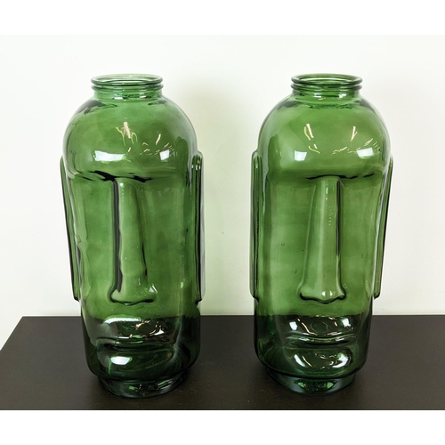 377 - RAPA NUI STYLE VASES, a pair, green tinted glass, 69cm H approx. (2)