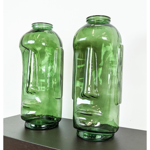 377 - RAPA NUI STYLE VASES, a pair, green tinted glass, 69cm H approx. (2)