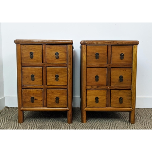 381 - SIDE CABINETS, a pair, Chinese style, each with six drawers, each 46cm W x 41cm D x 69cm H. (2)