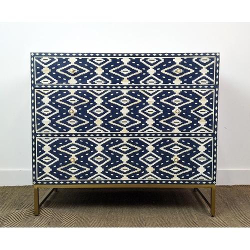 384 - CHEST OF DRAWERS, of Syrian influence, in a blue and white geometric pattern, 98cm  W x 47cm D x 88c... 