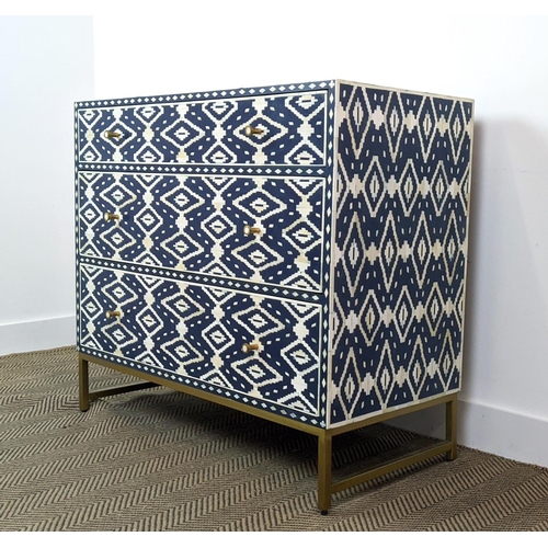 384 - CHEST OF DRAWERS, of Syrian influence, in a blue and white geometric pattern, 98cm  W x 47cm D x 88c... 