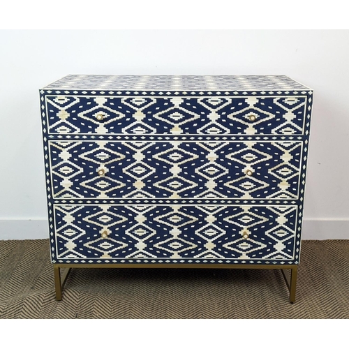 384 - CHEST OF DRAWERS, of Syrian influence, in a blue and white geometric pattern, 98cm  W x 47cm D x 88c... 