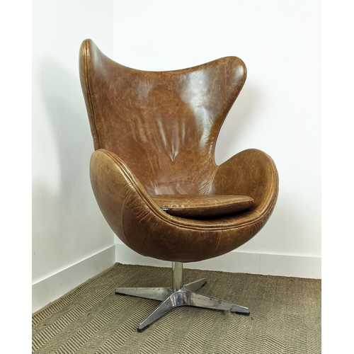 385 - AFTER ARNE JACOBSEN EGG STYLE CHAIR, brown leather, swivel action, 79cm W x 117cm H, by Artsome for ... 