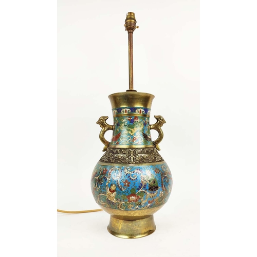 1 - CLOISONNE LAMP, 19th century Chinese baluster form with taotie mask frieze, bird handles and figural... 