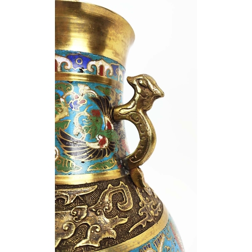 1 - CLOISONNE LAMP, 19th century Chinese baluster form with taotie mask frieze, bird handles and figural... 