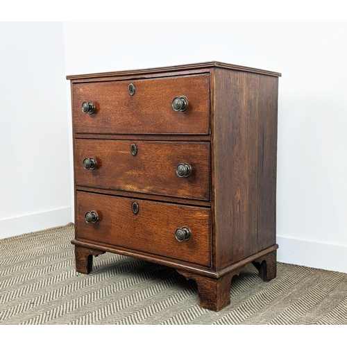 100 - CHEST, George III oak, with three drawers on later bracket feet, 86cm H x 76cm W x 46cm D.