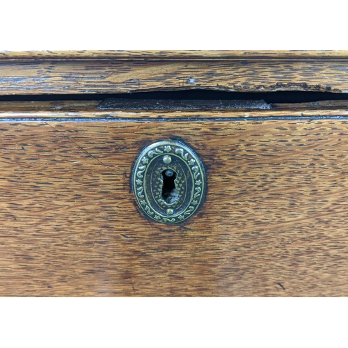 100 - CHEST, George III oak, with three drawers on later bracket feet, 86cm H x 76cm W x 46cm D.