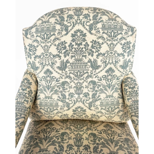 104 - HOWARD AND SONS STYLE ARMCHAIR, 19th century with arched backs and shaped sides and pale blue/cream ... 