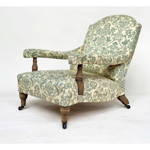 104 - HOWARD AND SONS STYLE ARMCHAIR, 19th century with arched backs and shaped sides and pale blue/cream ... 