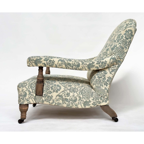 104 - HOWARD AND SONS STYLE ARMCHAIR, 19th century with arched backs and shaped sides and pale blue/cream ... 