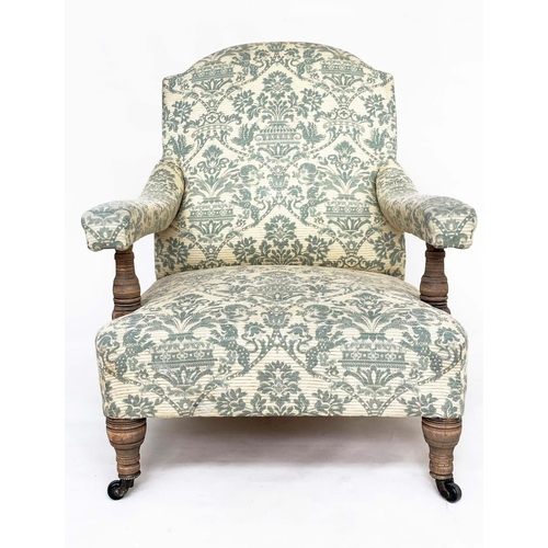 104 - HOWARD AND SONS STYLE ARMCHAIR, 19th century with arched backs and shaped sides and pale blue/cream ... 