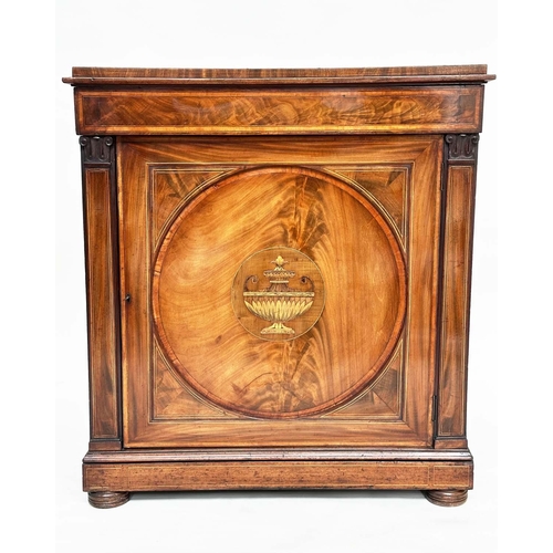 105 - EDWARDS AND ROBERTS CABINET, late 19th century flame mahogany with frieze drawer and inlaid panelled... 