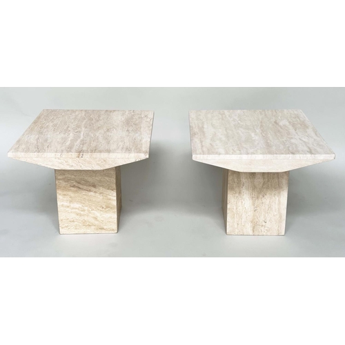 108 - TRAVERTINE LAMP TABLES, a pair, 1970s Italian marble each square with plinth, 60cm x 60cm x 51cm H. ... 