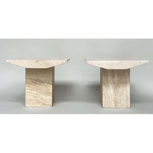 108 - TRAVERTINE LAMP TABLES, a pair, 1970s Italian marble each square with plinth, 60cm x 60cm x 51cm H. ... 