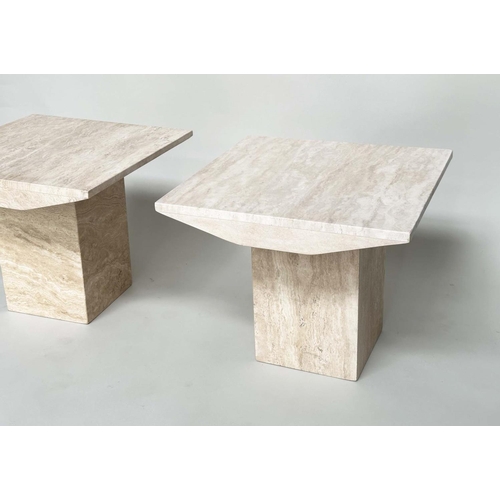 108 - TRAVERTINE LAMP TABLES, a pair, 1970s Italian marble each square with plinth, 60cm x 60cm x 51cm H. ... 