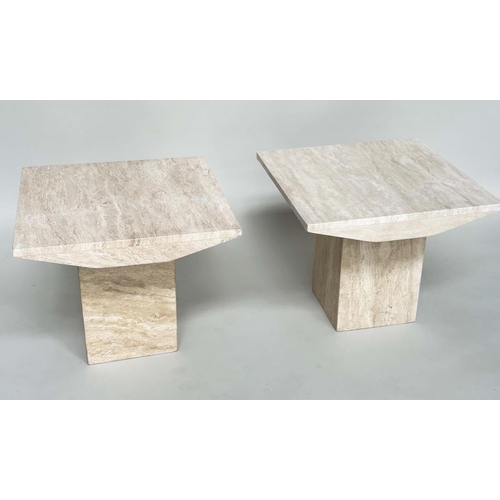 108 - TRAVERTINE LAMP TABLES, a pair, 1970s Italian marble each square with plinth, 60cm x 60cm x 51cm H. ... 