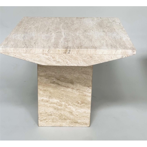 108 - TRAVERTINE LAMP TABLES, a pair, 1970s Italian marble each square with plinth, 60cm x 60cm x 51cm H. ... 