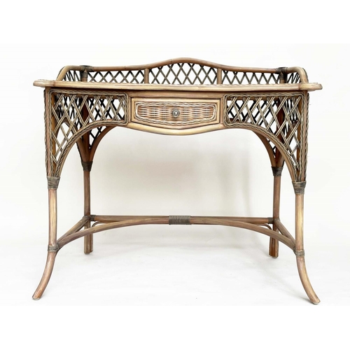 110 - BAMBOO WRITING TABLE, Colonial style rattan framed, wicker panelled and cane bound with gallery and ... 