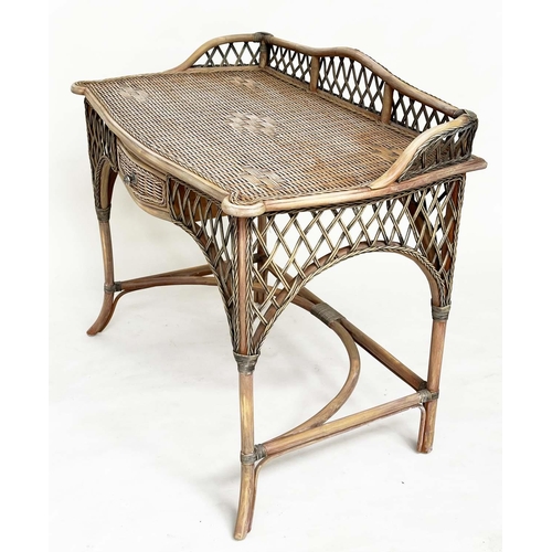 110 - BAMBOO WRITING TABLE, Colonial style rattan framed, wicker panelled and cane bound with gallery and ... 