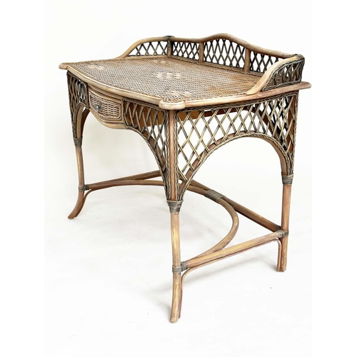 110 - BAMBOO WRITING TABLE, Colonial style rattan framed, wicker panelled and cane bound with gallery and ... 