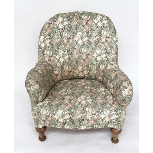 111 - SLIPPER CHAIR, early 20th century Liberty William Morris printed fabric upholstery with rounded back... 