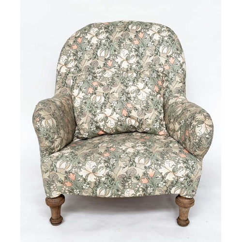 111 - SLIPPER CHAIR, early 20th century Liberty William Morris printed fabric upholstery with rounded back... 