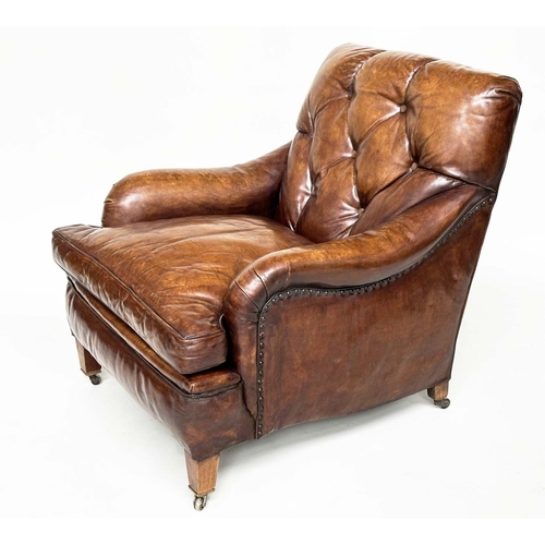 113 - HOWARD AND SONS STYLE CLUB ARMCHAIR, early 20th century Edwardian buttoned soft antique tan brown le... 