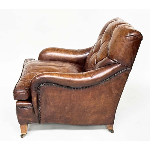 113 - HOWARD AND SONS STYLE CLUB ARMCHAIR, early 20th century Edwardian buttoned soft antique tan brown le... 