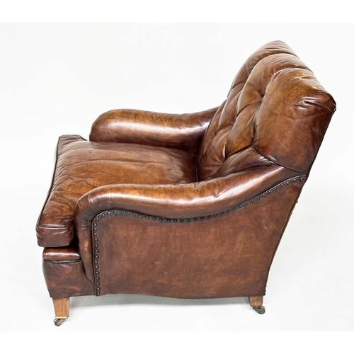 113 - HOWARD AND SONS STYLE CLUB ARMCHAIR, early 20th century Edwardian buttoned soft antique tan brown le... 