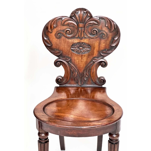 114 - HALL CHAIRS, a pair, Regency mahogany each with carved backs above oval recessed panel seats and out... 