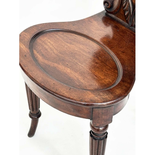 114 - HALL CHAIRS, a pair, Regency mahogany each with carved backs above oval recessed panel seats and out... 