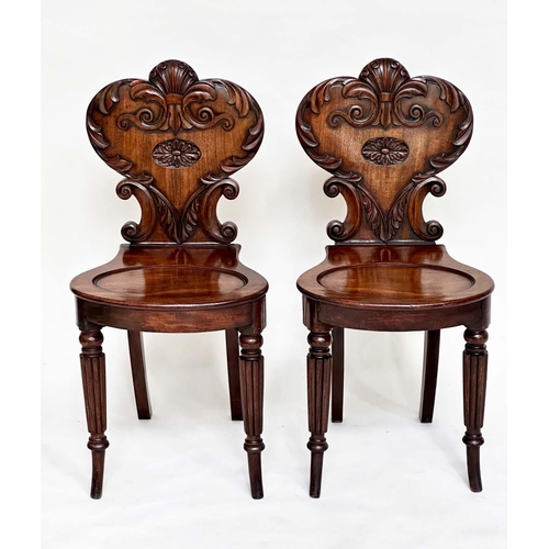 114 - HALL CHAIRS, a pair, Regency mahogany each with carved backs above oval recessed panel seats and out... 