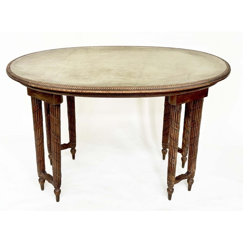 118 - CENTRE WRITING TABLE, early 20th century oak with oval leather inset writing surface above four pair... 